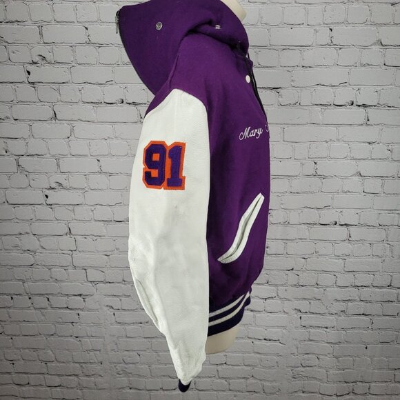 VTG DeLong Retro Purple Wool Hooded Varsity Letterman Jacket USA Made Size 40 - Picture 15 of 15